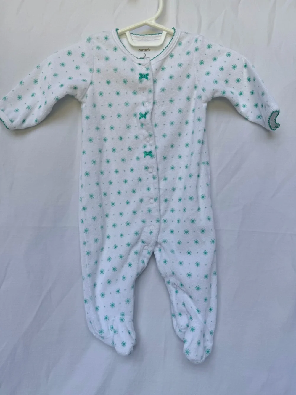 3 MTH Carter's White Footed One-Piece with Teal Star Dots